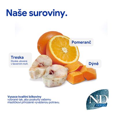 Prísady: pomaranč, treska z Severného mora, tekvica. Kvalitné bielkoviny pre vyváženú výživu zvierat. N&D Ocean.