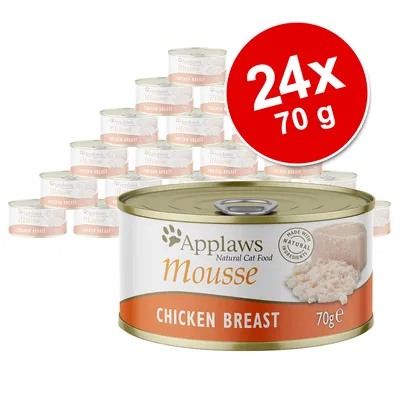 Applaws Mousse Chicken Breast, 24 konzerv po 70 g. Na embalaži piše 'Made with natural ingredients'. Naravna hrana za mačke, okus piščančje prsi. Applaws Mousse Chicken Breast, 24 konzerv po 70 g. Na embalaži piše 'Made with natural ingredients'. Naravna hrana za mačke, okus piščančje prsi.