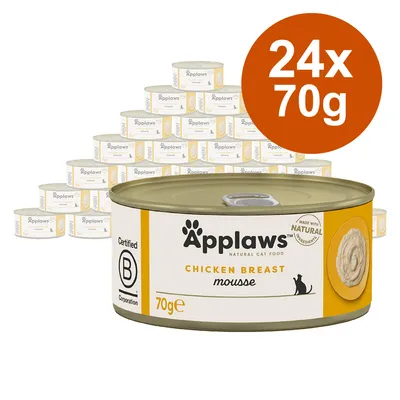 Lot de 24 boîtes Applaws Natural Cat Food, Chicken Breast mousse, 70 g chacune. Texte visible : Certified B Corporation, Made with natural ingredients.
