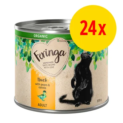 Feringa Organic Duck with pears & catnip, Adult, 200 g Dose, Abbildung mit schwarzer Katze, gelber Kreis mit roter Aufschrift 24x