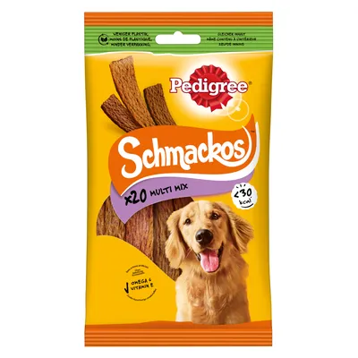 Pedigree Schmackos x20 Multi Mix, vähemmän muovia, alle 30 kcal per pala, sisältää Omega 6:ta ja E-vitamiinia.