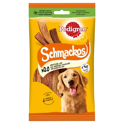 Pedigree Schmackos Geflügel Mix, 20 kappaletta, alle 30 kcal per välipala, sisältää Omega 6 ja E-vitamiinia. Pakkaus vähennetty muovimäärä.