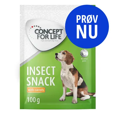 CONCEPT FOR LIFE High premium dog food. INSECT SNACK with carrots 100 g. No added grains. PRØV NU. Billede af hund på emballagen.