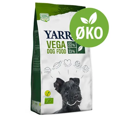 Yarrah Vega Dog Food, protein 22 %, fedt 13 %, ØKO-mærke, 100 % recyclable packaging, VEGETARIAN, billede af sort hund på posen