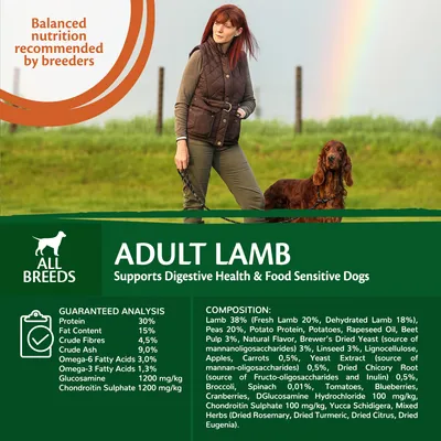 Adult Lamb food for all breeds, supports digestive health and food sensitive dogs. Guaranteed analysis: protein 30%, fat 15%. Main ingredients: lamb 38%, peas 20%, potatoes, rapeseed oil.