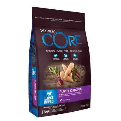 Bag labelled CORE Puppy Original Large Breed, chicken recipe, natural, grain free, protein-rich, with fresh meat, prebiotics, low carbs, and no artificial colours or preservatives.