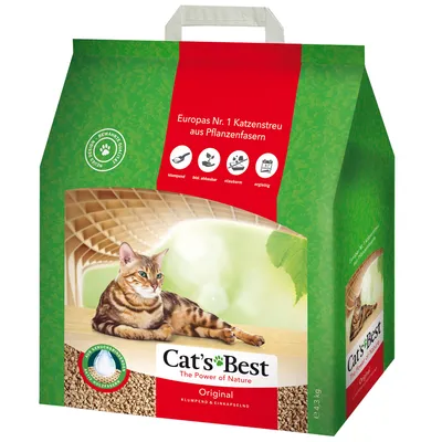 Cat's Best Original kattsand, Europas nr 1 av växtfibrer, klumpbildande, biologiskt nedbrytbar, dammfri, dryg. Förpackningen visar en katt och trägranulat.