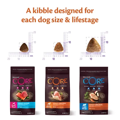 Porównanie wielkości granulek karmy Wellness CORE dla psów: Small Breed Adult Ocean, Original Adult oraz Large Breed Adult Original z miarkami w milimetrach na tle opakowań.
