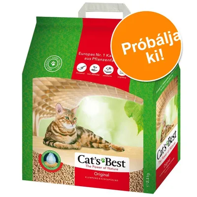 Cat's Best The Power of Nature Original macskaalom csomagolás, narancssárga körben: Próbálja ki! 2,1 kg. Piktogramok: csomósodó, biológiailag lebomló, pormentes, kiadós.