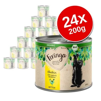 Feringa Organic Kitten Chicken with apple & dandelion, 24 x 200g tins. Visible text: HOMEMADE TASTE BEGINS WITH LOVE, BIO, 200g, KITTEN.