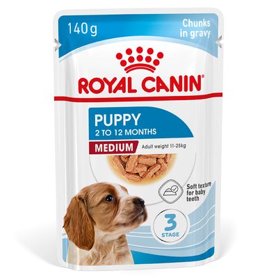 ROYAL CANIN Puppy 2 to 12 months Medium, 140g, Chunks in gravy, Adult weight 11–25 kg, Soft texture for baby teeth, 3 Stage