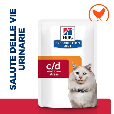 Hill's Prescription Diet c/d multicare stress, bustina con immagine di gatto, scritta 'SALUTE DELLE VIE URINARIE' e simbolo di pollo in alto a destra.