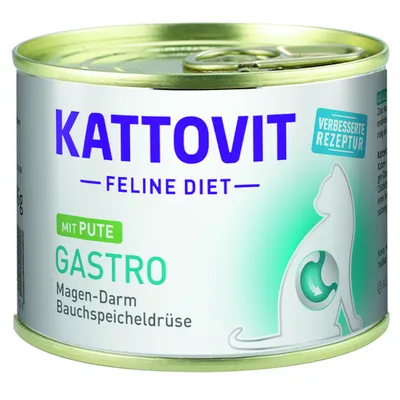 Kattovit Feline Diet Gastro mit Pute, Magen-Darm Bauchspeicheldrüse, lattina con scritta 'Verbesserte Rezeptur' e silhouette di gatto. Testo in tedesco.