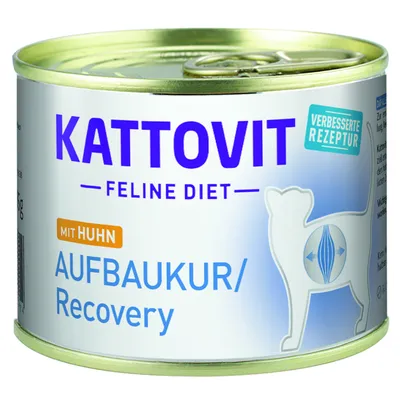 Консерва Kattovit Feline Diet mit Huhn, Aufbaukur/Recovery. Видим текст: VERBESSERTE REZEPTUR. Опаковка с изображение на котка и графика върху корема.