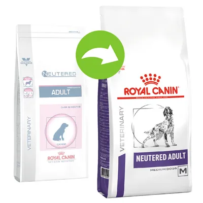 Royal Canin Veterinary Neutered Adult Medium Dogs -koiranruokapakkaus, näkyvissä kaksi erilaista pakkausta ja vihreä nuoli osoittaa muutosta.