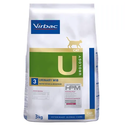 Virbac Urology Cat 3 Urinary WIB, Veterinary HPM, hrană uscată pentru pisici, 3 kg. Text vizibil: Water Intake & Behaviour, CAT ALL SIZES, VETERINARY GLOBAL CARE.