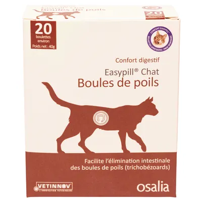 Easypill Chat Boules de poils, около 20 броя, нето тегло 40 г. Марки: Vetinnov и osalia. Текст на френски за улесняване елиминирането на космени топки при котки. Easypill Chat Boules de poils, около 20 броя, нето тегло 40 г. Марки: Vetinnov и osalia. Текст на френски за улесняване елиминирането на космени топки при котки.