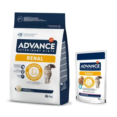 12x85 g gratis! 7,5 kg/8 kg Advance Veterinary Diets + 12x85 g hrană umedă pentru pisici  - Renal Feline 8 kg + Renal 12 x 85 g