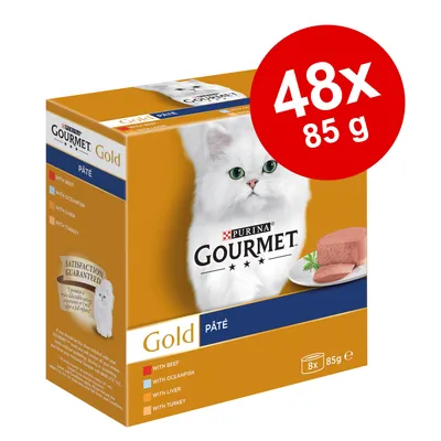 Purina Gourmet Gold Pâté, 48x85g. Lajit: nauta, merikala, maksa, kalkkuna. Tyytyväisyystakuu näkyvissä pakkauksessa.