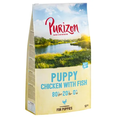 Purizon Puppy Chicken with Fish, 80% ingrediente de origine animală, 20% ingrediente vegetale, 0% cereale. Pentru căței, pachet de 12 kg.