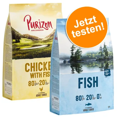 Purizon Trockenfutter für Hunde. Sorten: Chicken with Fish und Fish. Proteinanteil 80%, Gemüse 20%, Getreide 0%. Orange Button mit Text 'Jetzt testen!'.