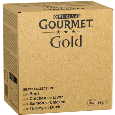 96 x 85 g Gourmet Gold + 48 x 45 g Gourmet Soup Royale kaupan päälle! - Chunks in Gravy: nauta, kana ja maksa, lohi ja kana & kalkkuna ja ankka