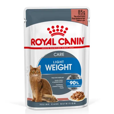 ROYAL CANIN CARE LIGHT WEIGHT kapsička 85 g, obrázek kočky, text: Helps limit weight gain, over 90 % achieved a healthier weight in 8 weeks, plátky v omáčce.