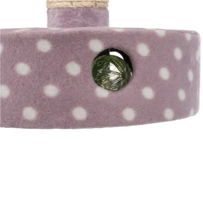Cat tree element with purple fabric cover and white dots, integrated play ball in green plastic.