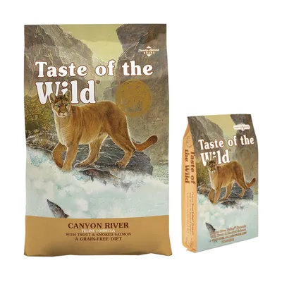 Taste of the Wild Canyon River Feline Formula with trout and smoked salmon, grain-free diet. Text on packaging only.