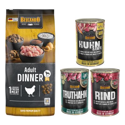 Belcando Adult Dinner, sac 15 kg et assortiment de 6 boîtes 400 g pour chien, texte visible : Pack gourmand. Emballages avec photo de chien et noms des variétés sur les boîtes.