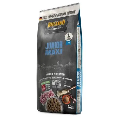 Saco de ração Belcando Dog Food Junior Maxi, 12,5 kg. Texto visível: Super Premium Quality, Holistic Nutrition, 40% frisches Fleisch, 1–18 meses. Saco de ração Belcando Dog Food Junior Maxi, 12,5 kg. Texto visível: Super Premium Quality, Holistic Nutrition, 40% frisches Fleisch, 1–18 meses.