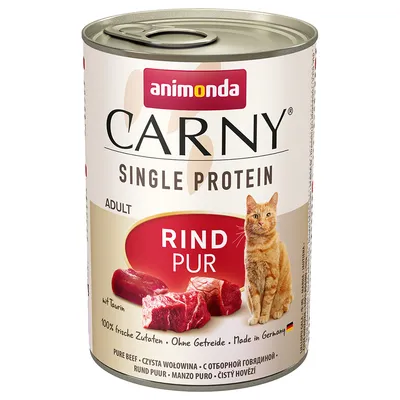 Carny Single Protein Adult, pure beef, grain-free, made in Germany, with taurine and fresh ingredients. Image shows beef pieces and a cat.