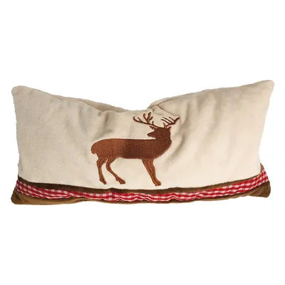 Правоъгълна възглавница от бежов плат с бродиран елен и долен кант с червено-бяло каре. Видим материал: плат.
