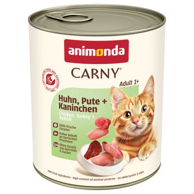 animonda Carny Adult cat food, visible flavours Rind + Huhn and Fleisch-Cocktail, 12 x 800g cans. Label shows 100% frische Zutaten, Ohne Getreide, Made in Germany, mit Taurin.