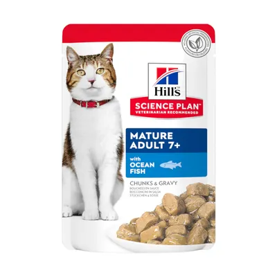 Hill's Science Plan Mature Adult 7+ met oceaanvis, stukjes en saus. Geen kunstmatige aroma's, kleurstoffen of conserveermiddelen. Hill's Science Plan Mature Adult 7+ met oceaanvis, stukjes en saus. Geen kunstmatige aroma's, kleurstoffen of conserveermiddelen.