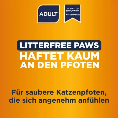 ADULT, auch geeignet für Katzenbabys. Litterfree Paws haftet kaum an den Pfoten. Für saubere Katzenpfoten, die sich angenehm anfühlen.