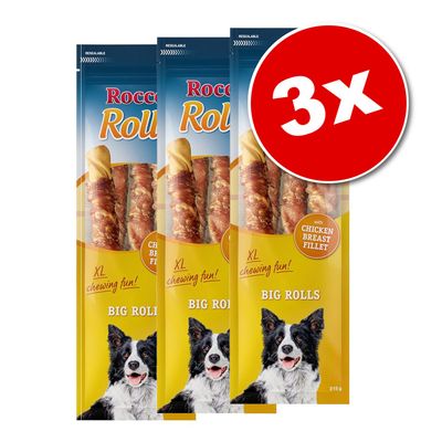 Lot de 3 paquets Rocco Rolls Big Rolls, XL chewing fun!, avec filet de poitrine de poulet, image d’un chien noir et blanc sur chaque emballage, poids 315 g visible.