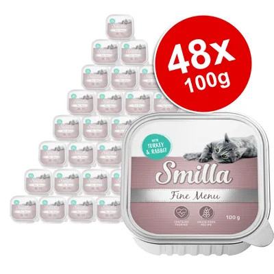 Pack of 48 Smilla Fine Menu trays, each 100g, with turkey and rabbit. Contains taurine and is a grain-free recipe.