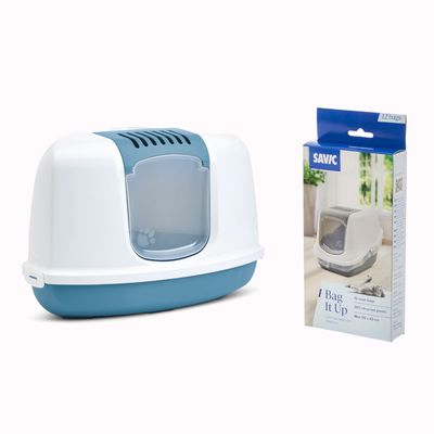 Closed cat litter box with pink and white design, flamingo pattern on the side and transparent flap with paw print.