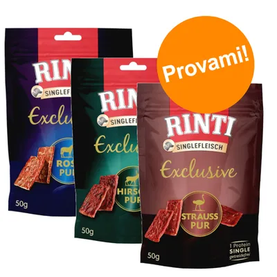 Tre confezioni Rinti Singlefleisch Exclusive 50g: Rind Pur, Hirsch Pur, Strauss Pur. Etichetta arancione con testo 'Provami!'.