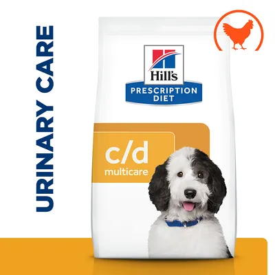 Hill's Prescription Diet c/d multicare urinary care food with chicken symbol shown on packaging.