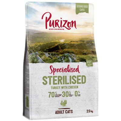 Purizon Specialised Sterilised Turkey with Chicken, 70% carne, 30% legume și ierburi, 0% cereale. Pentru pisici adulte sterilizate, pachet de 2,5 kg.