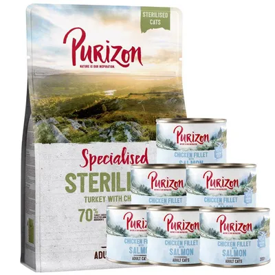 Purizon Sterilised Adult, indyk i kurczak, 2,5 kg + Purizon Adult, 6 x 200 g, bez zbóż - 2,5 kg Sterilised Adult, indyk i kurczak + 6 x 200 g, filet z kurczaka z łososiem i jagnięciną