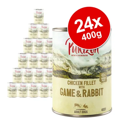 Purizon Chicken Fillet with Game & Rabbit, 24 x 400g tins for adult dogs, 45% chicken fillet. Large tin in front, pyramid of tins behind, red badge shows '24x 400g'.