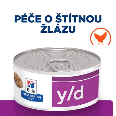 Konzerva Hill's Prescription Diet y/d, nápis Péče o štítnou žlázu, symbol kuřete. Konzerva Hill's Prescription Diet y/d, nápis Péče o štítnou žlázu, symbol kuřete.
