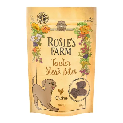 Rosie's Farm Tender Steak Bites, Adult, pui, 70g. Rețetă fără cereale, ambalaj resigilabil.