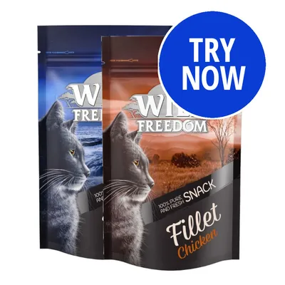 Two snack pouches labelled 100% pure and fresh fillet chicken, with a blue circle stating TRY NOW. Two snack pouches labelled 100% pure and fresh fillet chicken, with a blue circle stating TRY NOW.