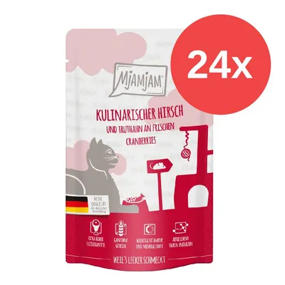 Mjamjam Kulinarischer Hirsch und Truthahn an frischen Cranberries, 24x. Beste Qualität aus deutscher Herstellung, extra hoher Fleischanteil, wichtige Vitamine und Taurin enthalten.
