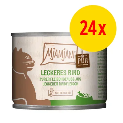 Mjamjam PUR Leckeres Rind, purer Fleischgenuss aus leckerem Rindfleisch, getreidefrei. Gelber Kreis mit roter Aufschrift: 24x.