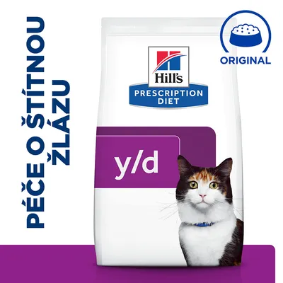 Hill's Prescription Diet y/d, péče o štítnou žlázu, obrázek kočky, nápis ORIGINAL s miskou.